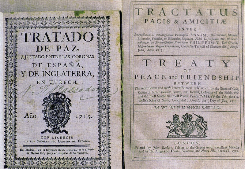The Treaty of Utrecht, 1713 — Spanish first edition alongside a Latin and English printing