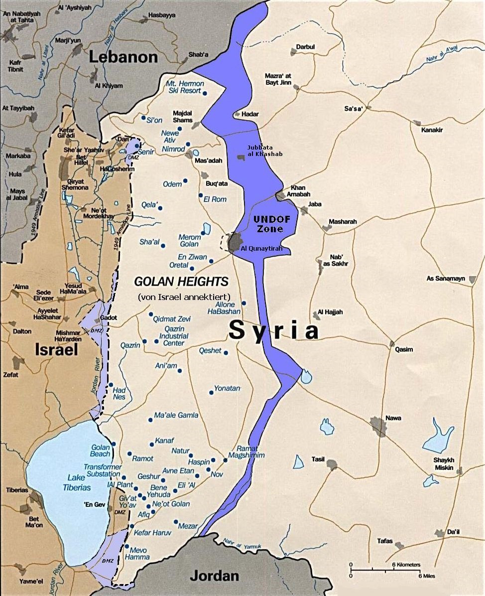 מפה ובה רמת הגולן אחרי מלחמות 1967 ו-1973, עם שני קווי הפסקת האש