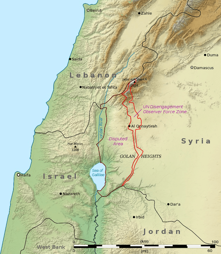 מפת תבליט של רמת הגולן ובה המצוק שמעל הכינרת