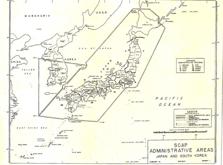 千島列島、歯舞群島、色丹島を日本の施政から除外する SCAPIN 677 の地図